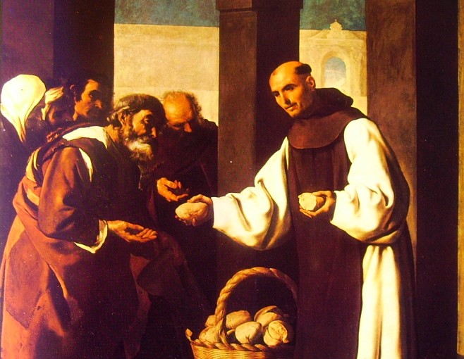 Francisco Zurbarán: Dipinti del monastero de Guadalupe - "Carità tra Martin de Vizcaya", cm. 290 x 222, Monastero geronimita, Guadalupe.